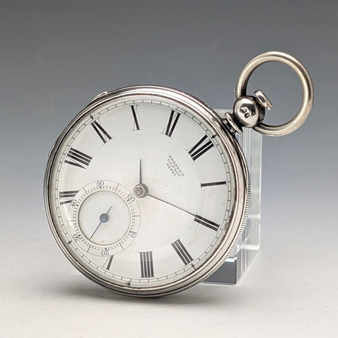 1864 British antique John Bennett key-wind pocket watch with open silver face, in good working order