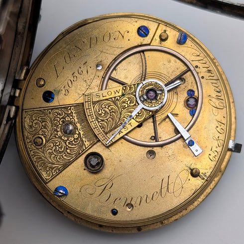 1864 British antique John Bennett key-wind pocket watch with open silver face, in good working order