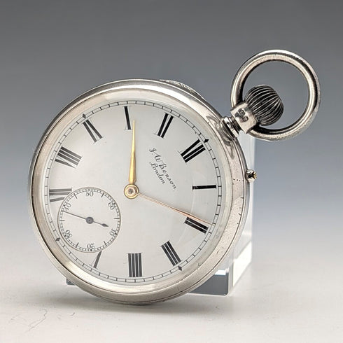 1898 British antique J.W. Benson BANK pocket watch, sterling silver open face, in good working order