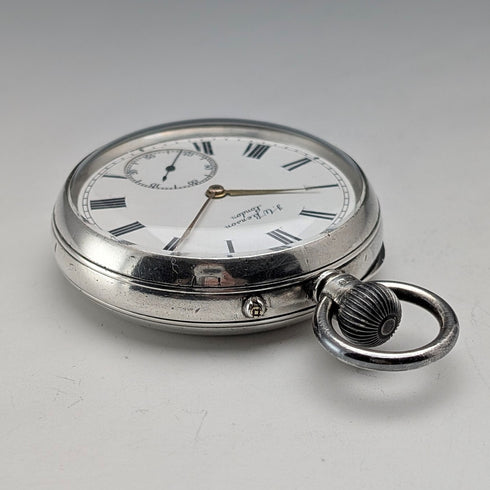 1898 British antique J.W. Benson BANK pocket watch, sterling silver open face, in good working order