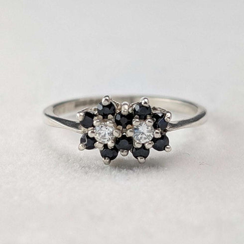 British Vintage Sterling Silver Blue & Clear Double Cluster Ring (Size 11)