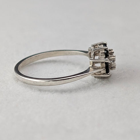 British Vintage Sterling Silver Blue & Clear Double Cluster Ring (Size 11)