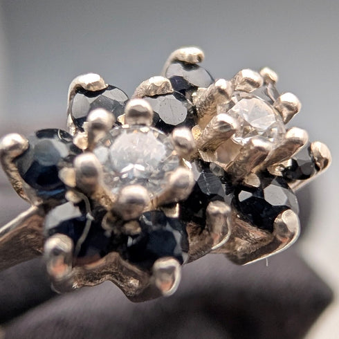 British Vintage Sterling Silver Blue & Clear Double Cluster Ring (Size 11)