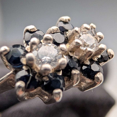 British Vintage Sterling Silver Blue & Clear Double Cluster Ring (Size 11)