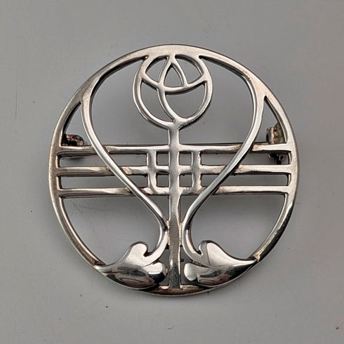 Vintage Sterling Silver Mackintosh Rose Art Nouveau Round Brooch