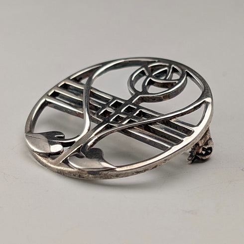 Vintage Sterling Silver Mackintosh Rose Art Nouveau Round Brooch