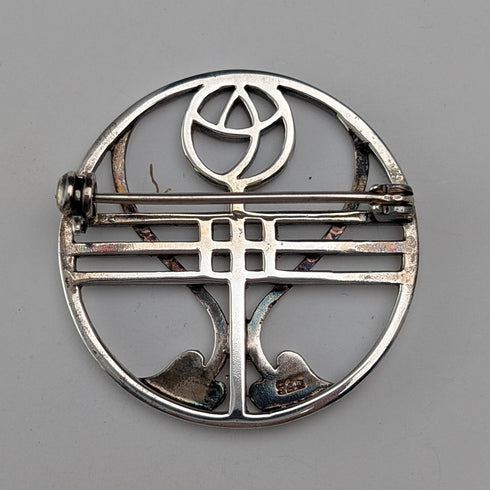 Vintage Sterling Silver Mackintosh Rose Art Nouveau Round Brooch