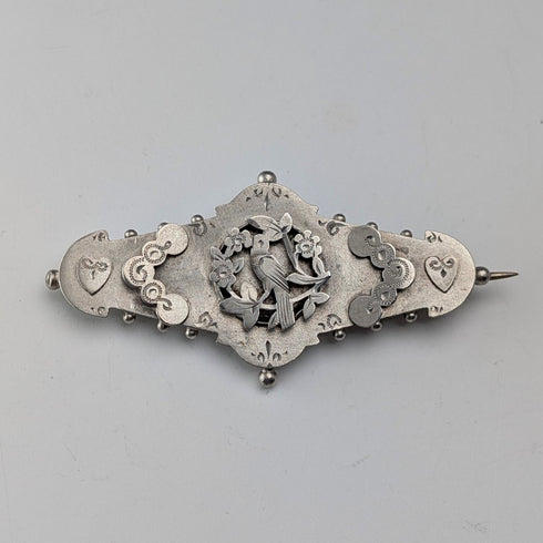 1892 British antique sterling silver brooch with engraved bird on tree