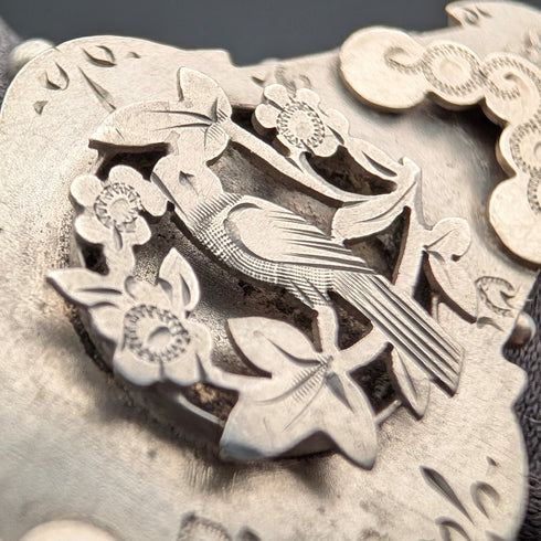 1892 British antique sterling silver brooch with engraved bird on tree