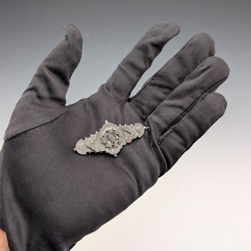 1892 British antique sterling silver brooch with engraved bird on tree