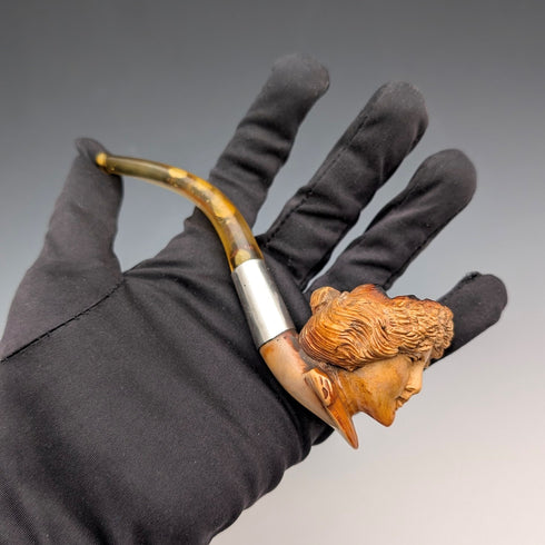 1915年 英国アンティーク 手彫り女性像 メシャム製 純銀装飾 スモーキングパイプ