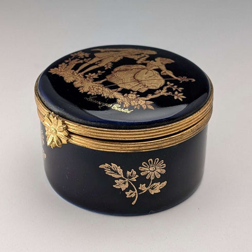 French Vintage Limoges-Castell Cobalt Blue Porcelain Pill Case with 22k Gold Accents, Love Story Design