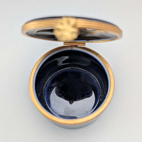 French Vintage Limoges-Castell Cobalt Blue Porcelain Pill Case with 22k Gold Accents, Love Story Design