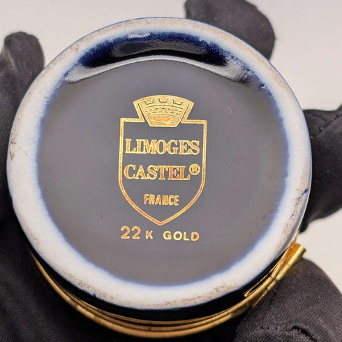 French Vintage Limoges-Castell Cobalt Blue Porcelain Pill Case with 22k Gold Accents, Love Story Design