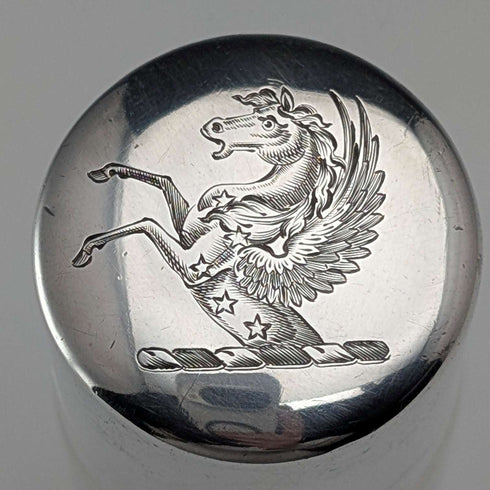1879 British Antique Sterling Silver Glass Perfume Bottle with Pegasus Emblem, Thomas Johnson I/II
