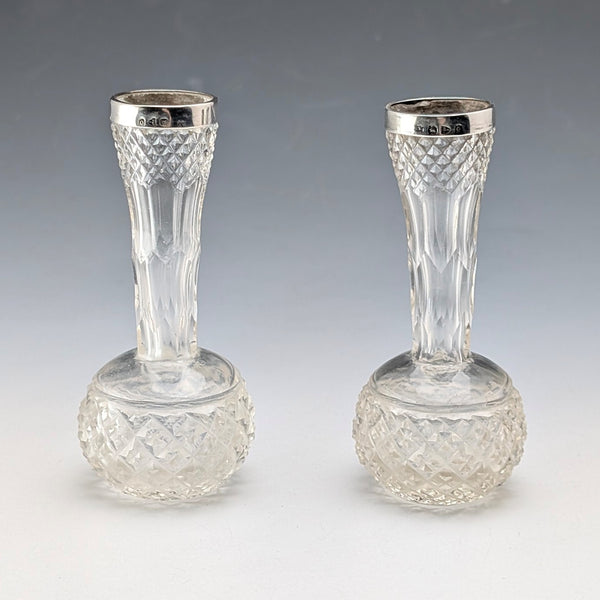 1897 British Antique Cut Glass & Sterling Silver Decorated Small Single Flower Vase Pair