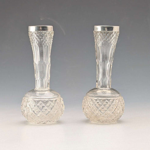 1897 British Antique Cut Glass & Sterling Silver Decorated Small Single Flower Vase Pair