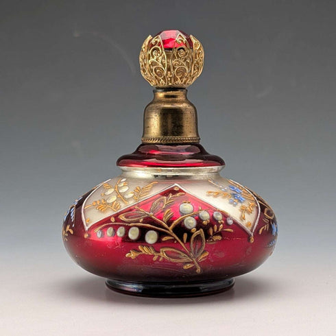 Antique Bohemian Glass Art Nouveau Enamel Floral Perfume Bottle