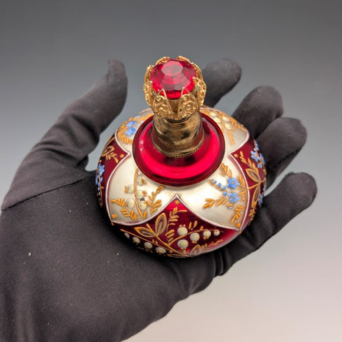 アンティーク ボヘミアンガラス アール・ヌーヴォー エナメル彩 花紋 香水瓶