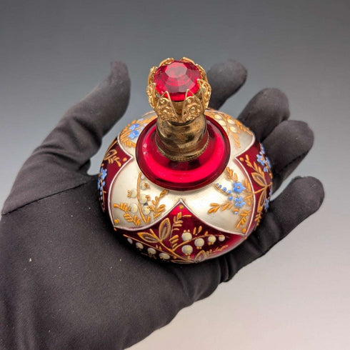 Antique Bohemian Glass Art Nouveau Enamel Floral Perfume Bottle