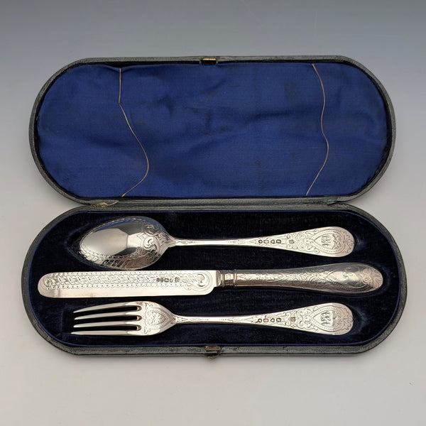 Antique British sterling silver cutlery set, circa 1866, 110g total weight, in case, Martin, Hall & Co.