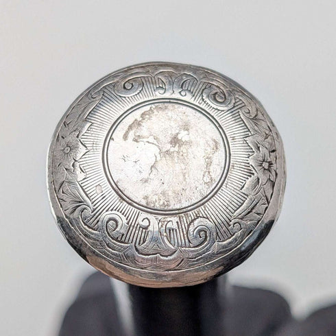 1874 British Antique Walking Stick with Black Shaft and Sterling Silver Engraved Rondelle Handle, 82cm