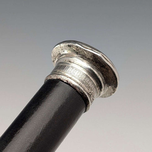 1874 British Antique Walking Stick with Black Shaft and Sterling Silver Engraved Rondelle Handle, 82cm