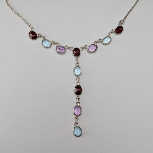 ヴィンテージ 純銀製 マルチカラージェム Y字ドロップネックレス 45cm
