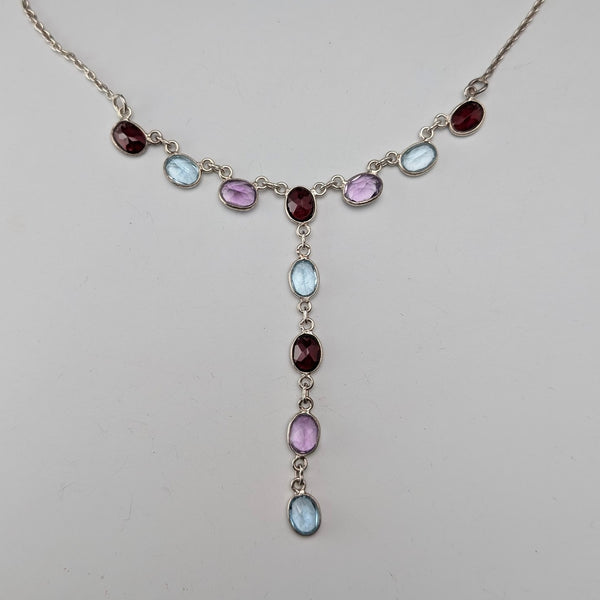 Vintage Sterling Silver Multicolor Gem Y-Shaped Drop Necklace, 45cm