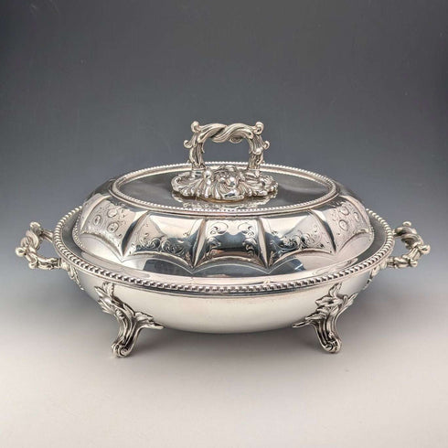 Circa 1870, British antique silver-plated oval-shaped entree dish, Martin Hall