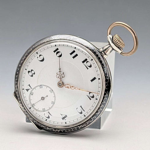 Antique, unsigned, Swiss-made pocket watch with silver case, niello decoration, open face, in good working order.