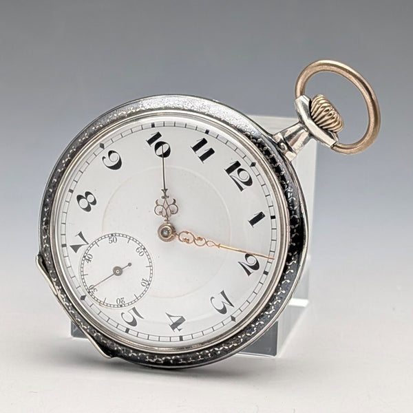 Antique, unsigned, Swiss-made pocket watch with silver case, niello decoration, open face, in good working order.