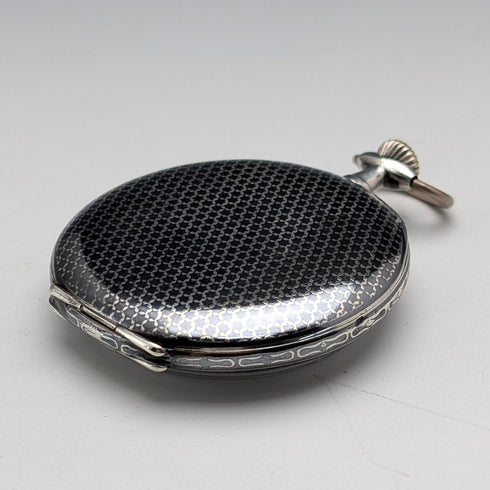 アンティーク 無銘 スイス製 懐中時計 銀側ニエロ装飾 オープンフェース 動作良好