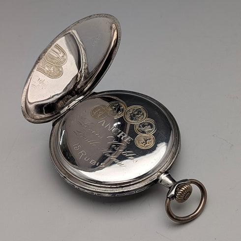 アンティーク 無銘 スイス製 懐中時計 銀側ニエロ装飾 オープンフェース 動作良好