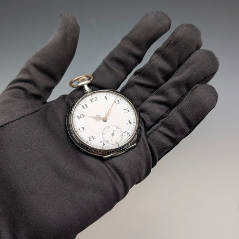 アンティーク 無銘 スイス製 懐中時計 銀側ニエロ装飾 オープンフェース 動作良好