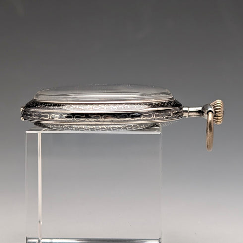 アンティーク 無銘 スイス製 懐中時計 銀側ニエロ装飾 オープンフェース 動作良好