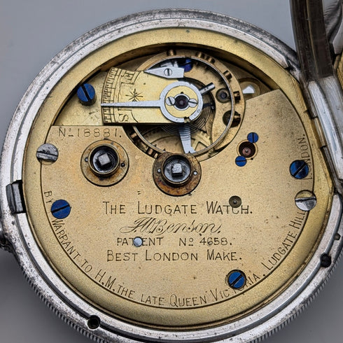 1905年 英国アンティーク J.W.Benson LUDGATE 懐中時計 純銀オープンフェース 動作良好