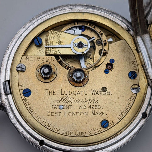 1905 British antique JW Benson Ludgate pocket watch, sterling silver open face, in good working order.