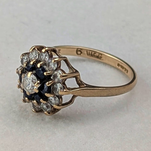 UK Vintage K9 Gold Sapphire & Cubic Zirconia Flower Design Ring (Japan size 13)