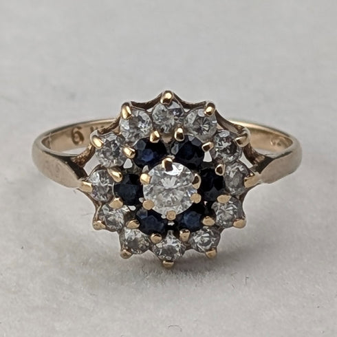 UK Vintage K9 Gold Sapphire & Cubic Zirconia Flower Design Ring (Japan size 13)