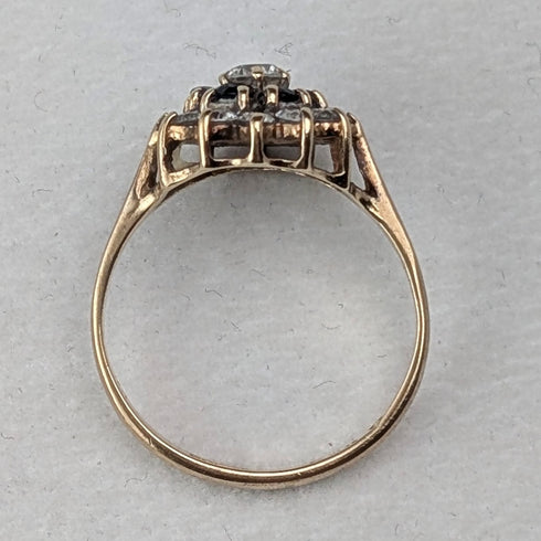UK Vintage K9 Gold Sapphire & Cubic Zirconia Flower Design Ring (Japan size 13)