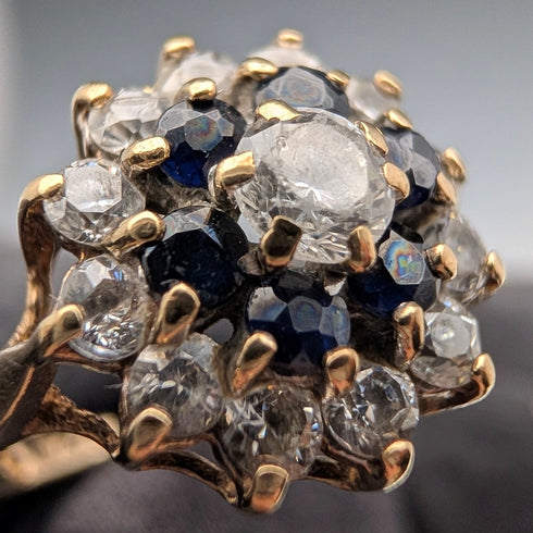 UK Vintage K9 Gold Sapphire & Cubic Zirconia Flower Design Ring (Japan size 13)