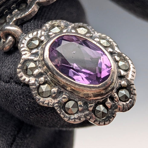 復古純銀底座 馬克賽石和紫色寶石胸針