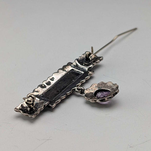 Vintage Sterling Silver Marcasite & Purple Stone Brooch