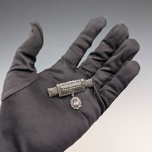 復古純銀底座 馬克賽石和紫色寶石胸針