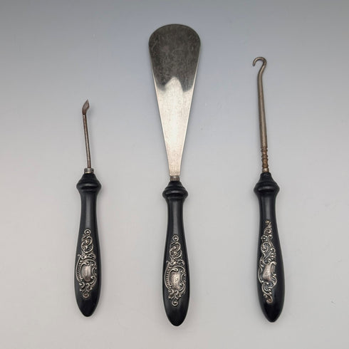 Vintage Silver-Decorated Ebony Handle 3-Piece Dressing Tool Set