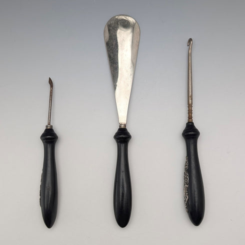 Vintage Silver-Decorated Ebony Handle 3-Piece Dressing Tool Set