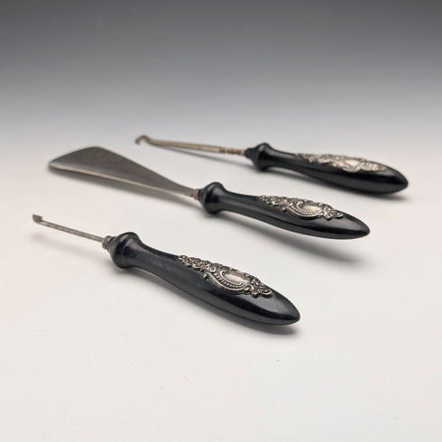 Vintage Silver-Decorated Ebony Handle 3-Piece Dressing Tool Set