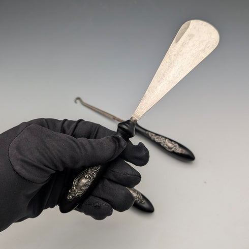 Vintage Silver-Decorated Ebony Handle 3-Piece Dressing Tool Set