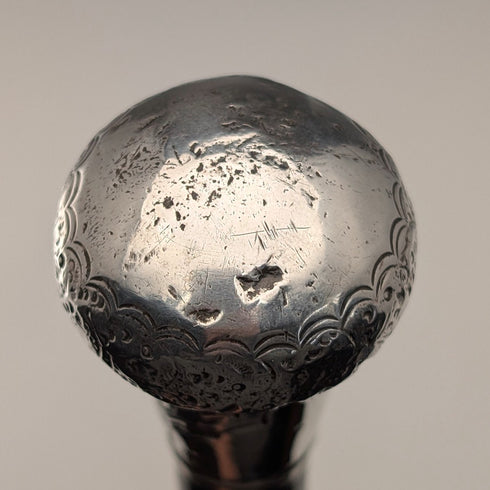 1916 English Antique Black Shaft Sterling Silver Rondel Handle Walking Stick 90cm